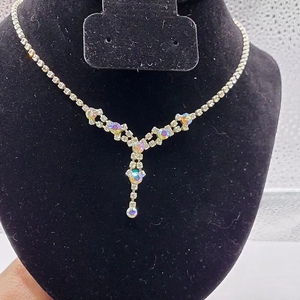 Rhinestone Y Drop Necklace Clear & AB Crystal Christina Collection 19"